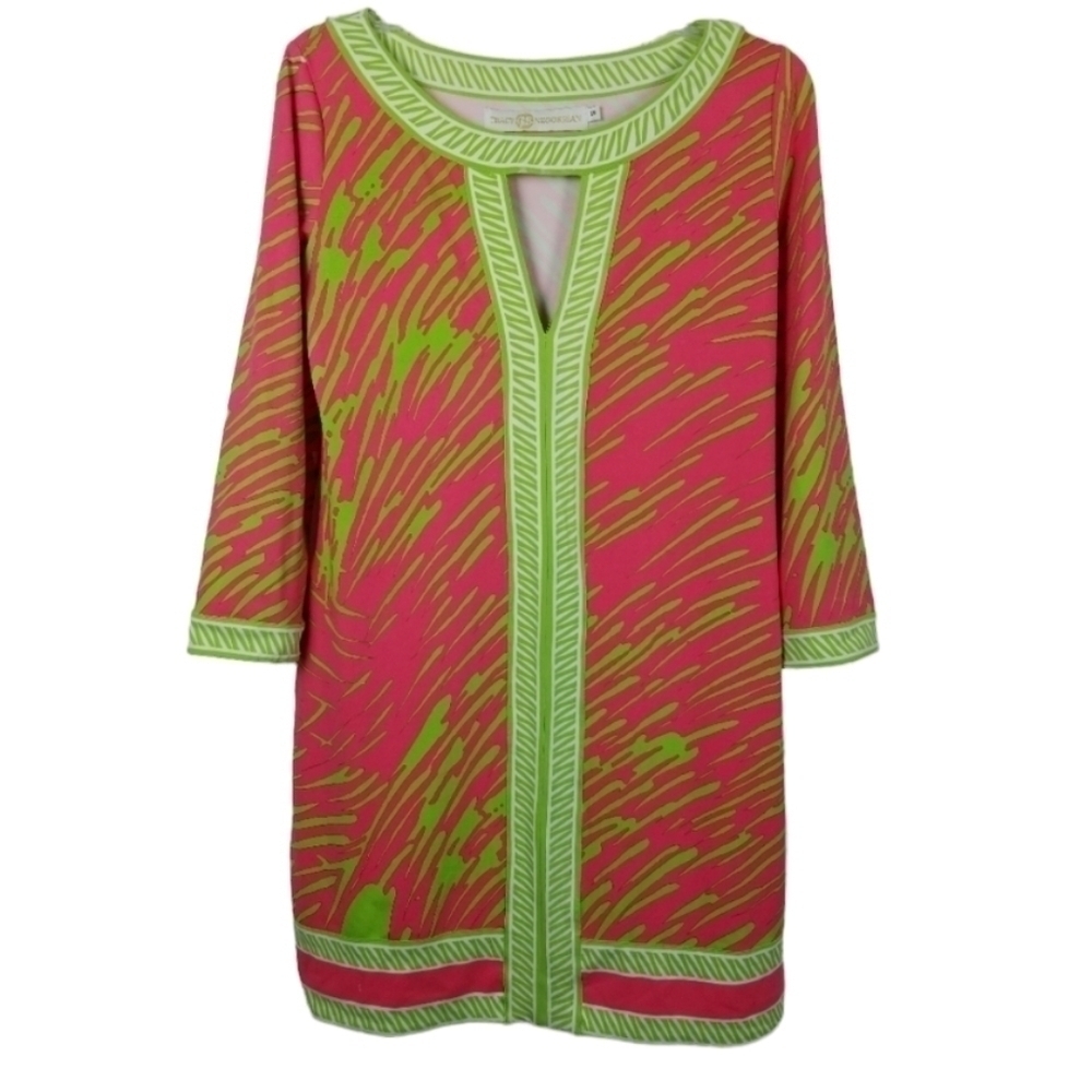 Tracy Negoshian Dress Keyhole Neckline Preppy Loose Retro Neon Print Cap Pocket
